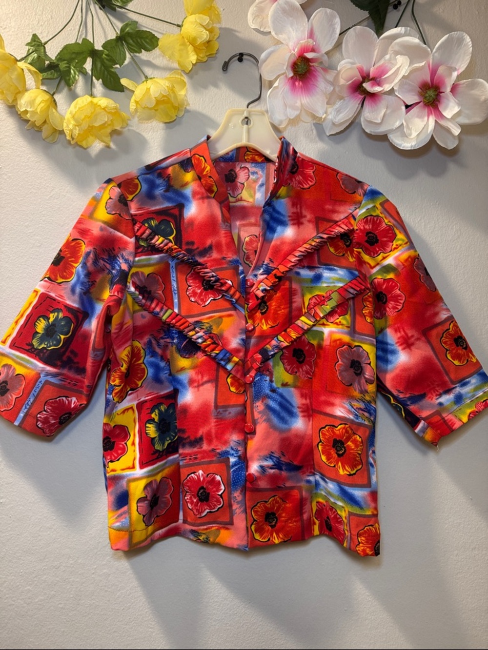 Vibrant Floral Button-Up Top in Red and Multicolor
